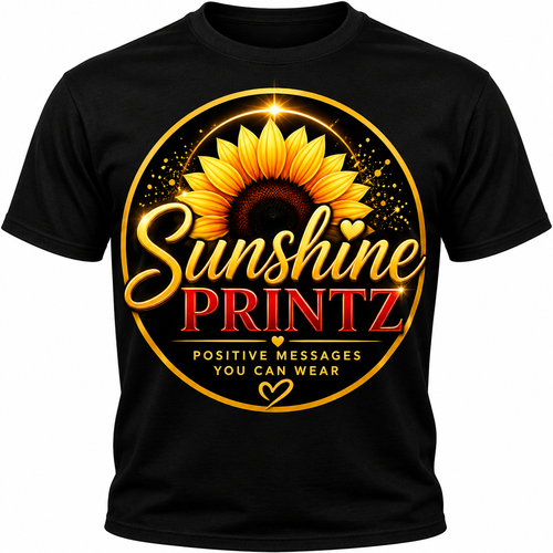 A black short-sleeve crewneck t-shirt featuring a large circular graphic on the chest. The graphic displays a yellow sunflower, the words 'Sunshine PRINTZ' in yellow and red, and the tagline 'POSITIVE MESSAGES YOU CAN WEAR' inside a gold circular border.